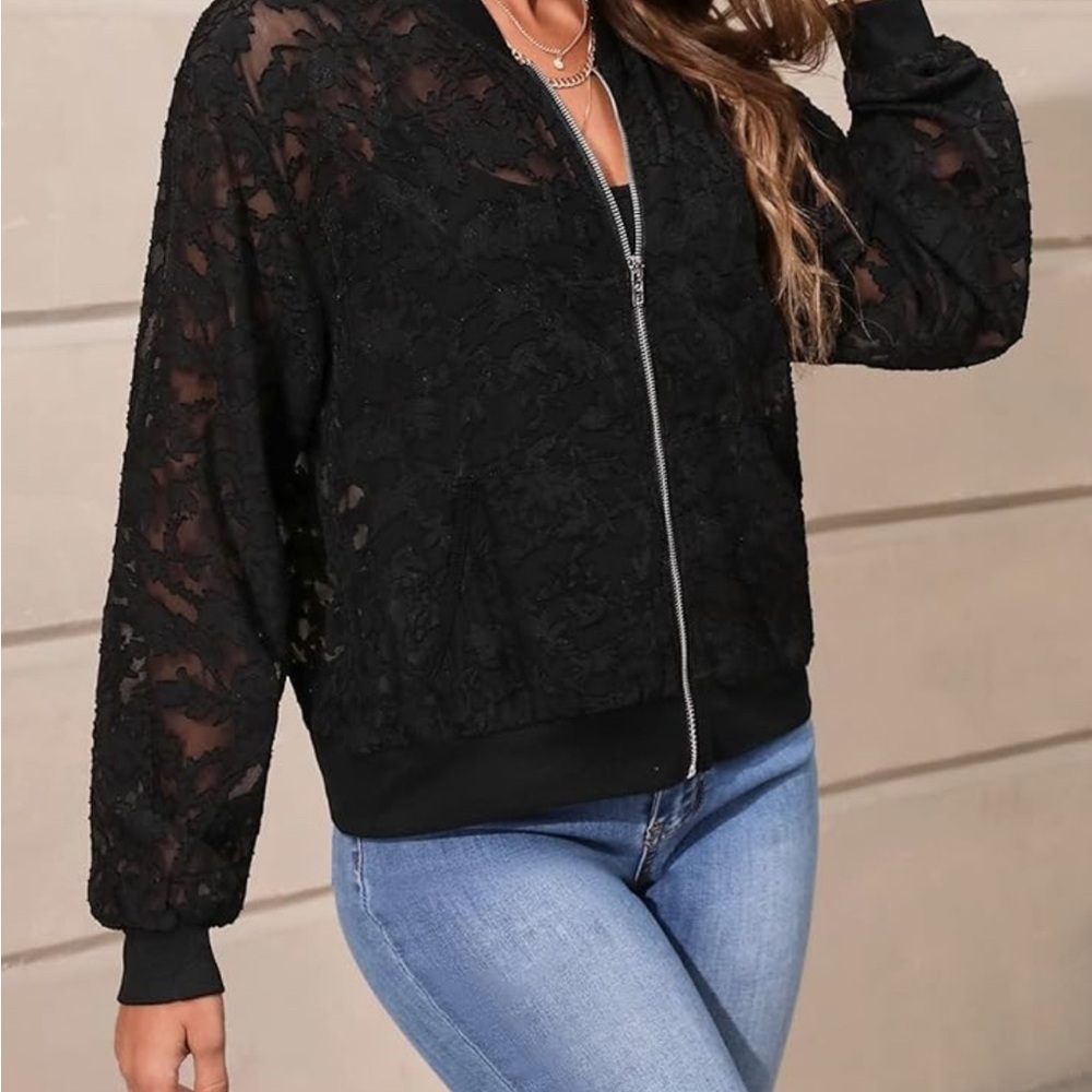 SHEIN Elegant Black Lace Bomber Jacket.   <<<<44>>>> - Picture 2 of 6